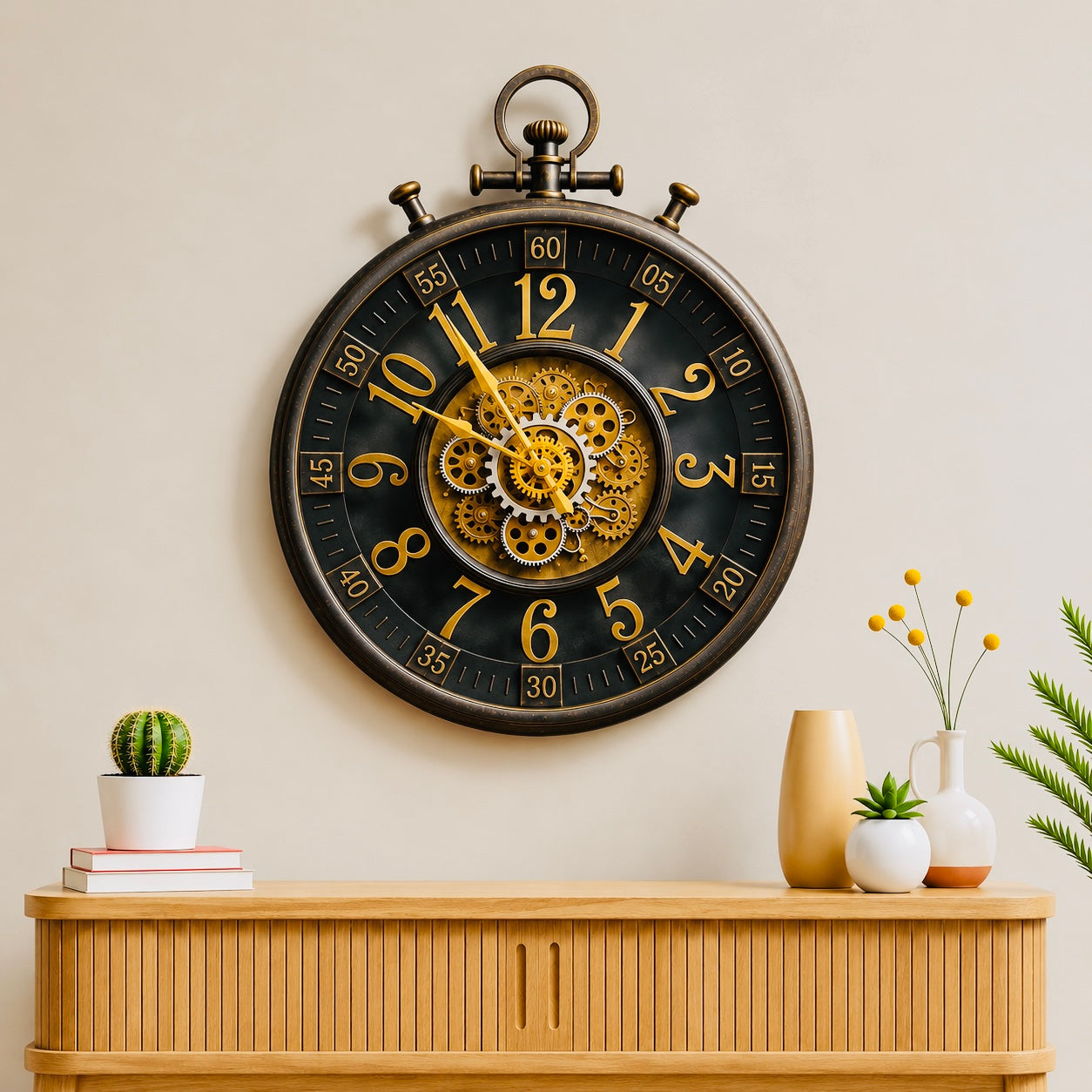 Luxury Vintage Gear Wall Clock – Black & Gold Industrial Statement Clock