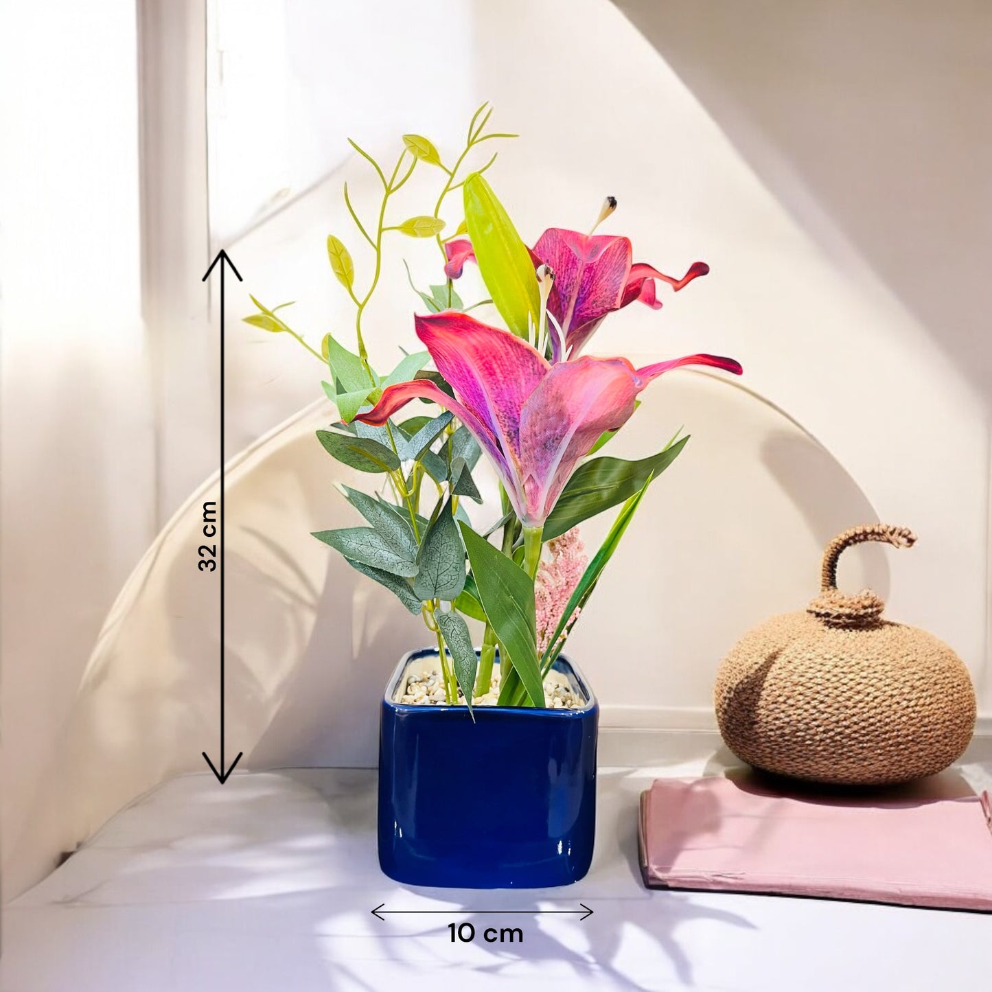 Artificial Hot Pink Lily Plant with Authtentic Pebbles and Shells for Bathroom and Home Decor