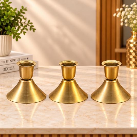 Set of 3 Golden Brass Taper Candle Stands – Elegant Minimalist Candle Holders