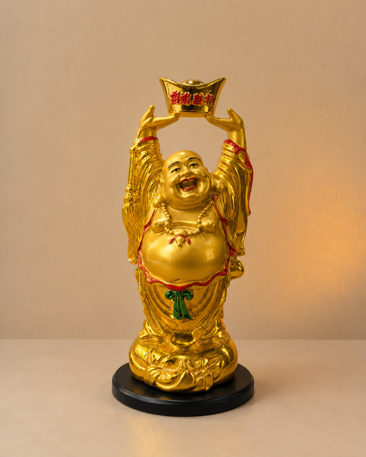 Luxury Golden Laughing Buddha Statue with Wealth Ingot | Premium Feng Shui Home & Office Decor | 11 Inch