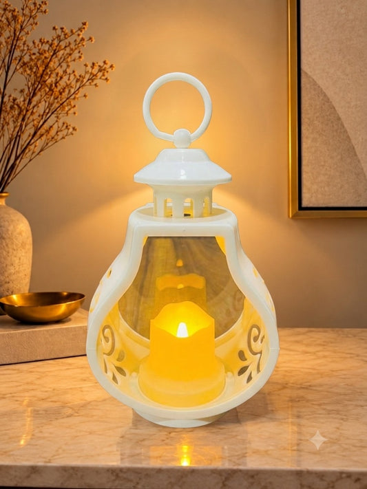 Vintage White Curved Infinity Mirror LED Candle Lantern for Home Decor, 8 Inch