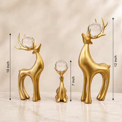 Luxury Golden Deer Showpiece Set of 3 with Crystal Balls – Elegant Reindeer Figurines for Home & Office Decor
