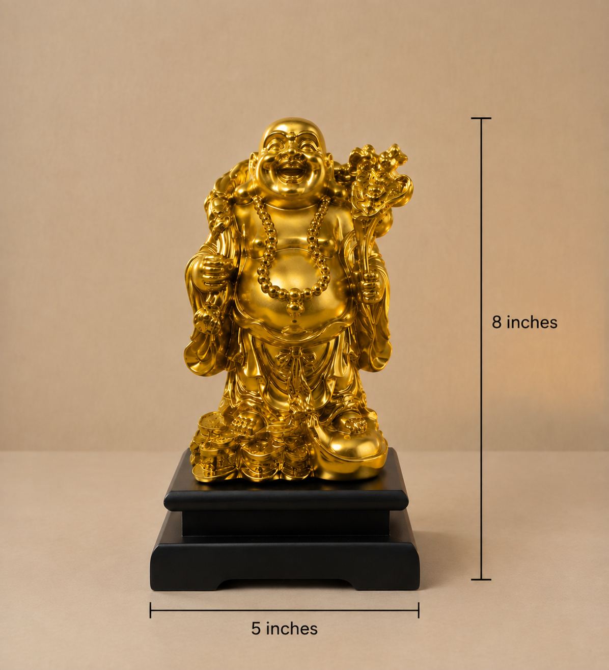 Luxury Golden Laughing Buddha Statue with Black Wooden Base | Premium Feng Shui Home & Office Decor | 8 Inch