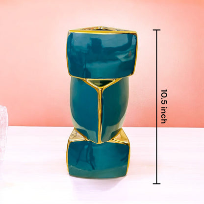 Modern Geometric Metal Vase with Glossy Teal and Gold Finish
