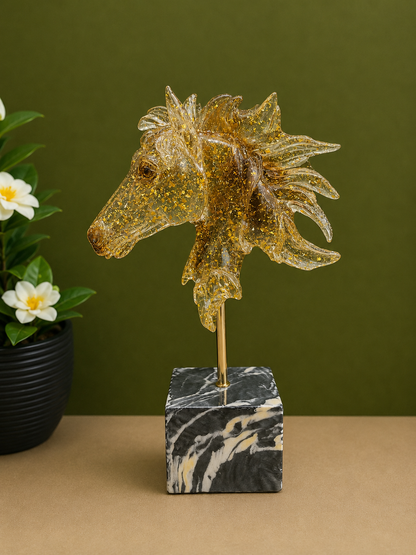 Golden Flecked Amber Resin Horse Head Bust Sculpture on Marble Style Base (15 Inch)