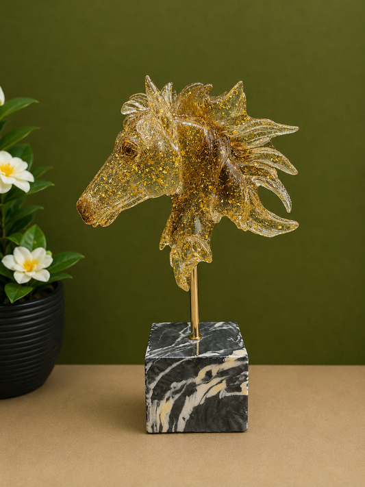 Golden Flecked Amber Resin Horse Head Bust Sculpture on Marble Style Base (15 Inch)