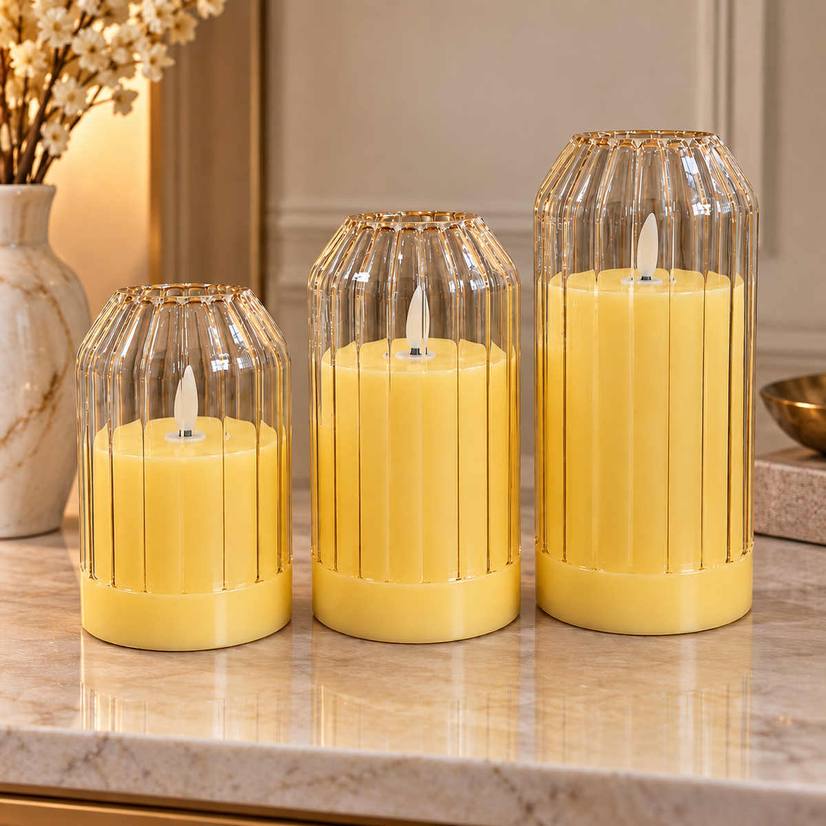 Ribbed Glass LED Flameless Candle Set – 5, 6 & 7 Inches