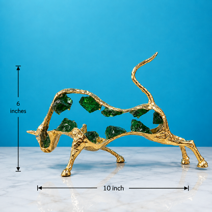 Luxury Golden Metal Bull Showpiece with Green Crystal Detailing – Decorative Bull Figurine for Home & Office Decor