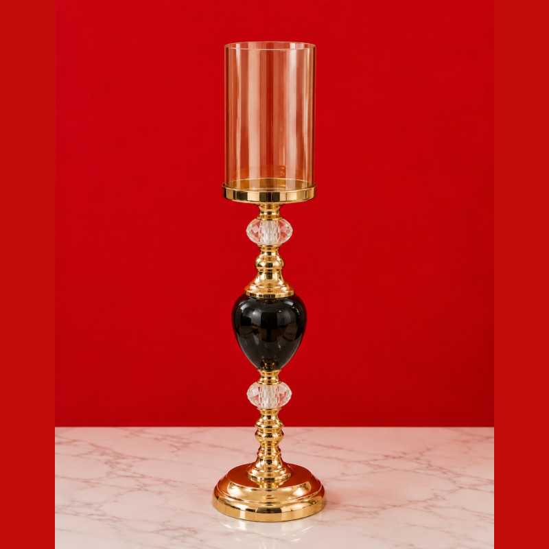 Luxury Crystal Glass Hurricane Candle Stand – 16 Inch Gold & Black Metal Decorative Candle Holder for Living Room, Dining Table, Wedding & Home Decor