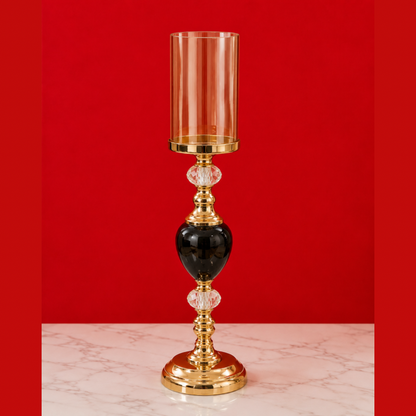 Luxury Crystal Glass Hurricane Candle Stand – 16 Inch Gold & Black Metal Decorative Candle Holder for Living Room, Dining Table, Wedding & Home Decor