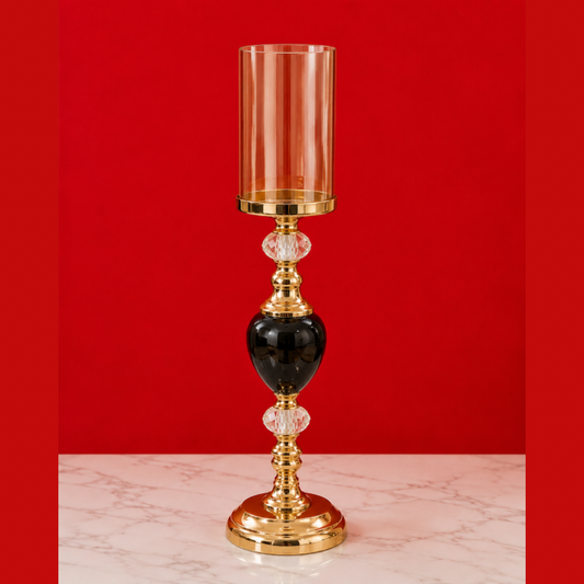 Luxury Crystal Glass Hurricane Candle Stand – 16 Inch Gold & Black Metal Decorative Candle Holder for Living Room, Dining Table, Wedding & Home Decor