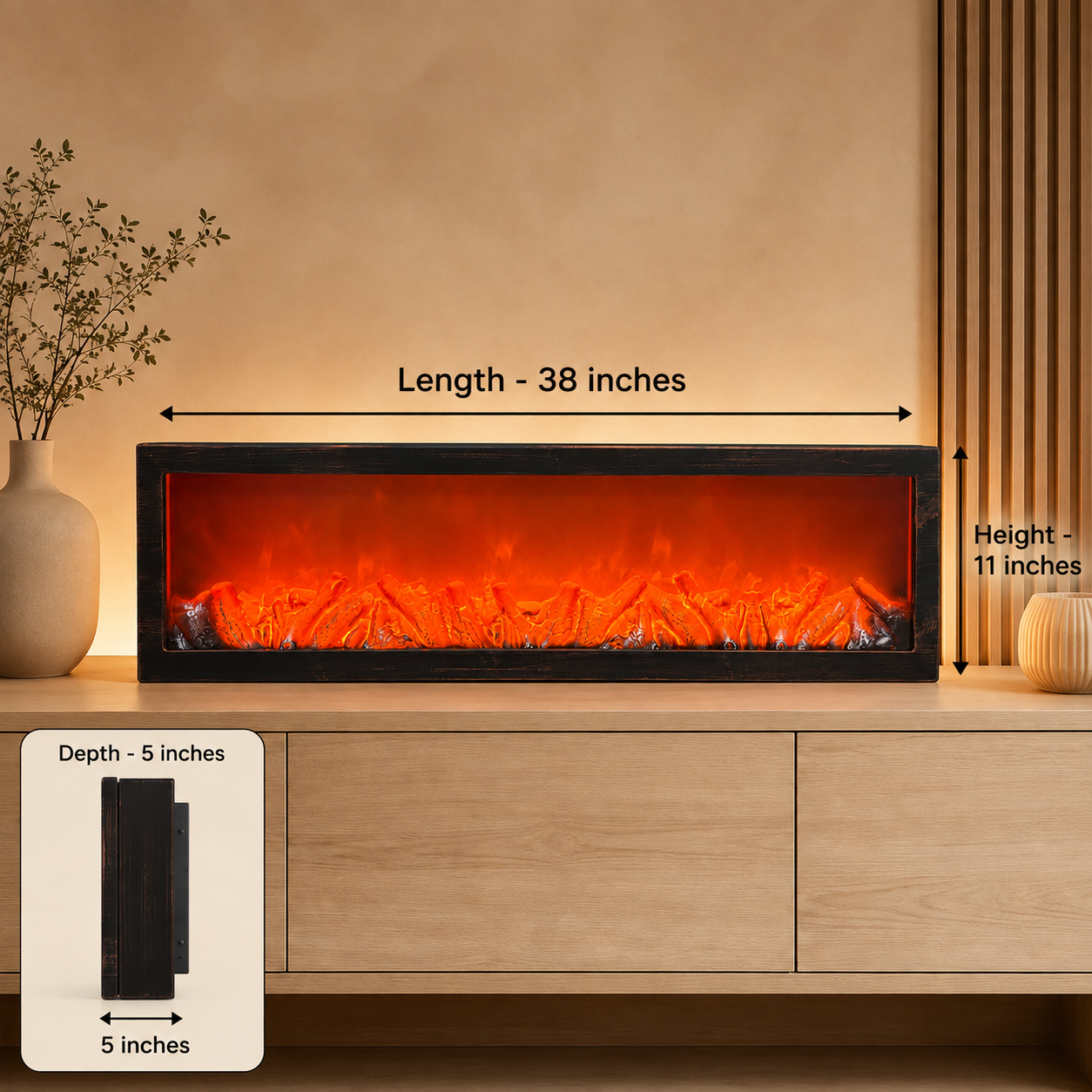 38-Inch Modern Artificial LED Firelamp with Realistic Flame Effect | Decorative Electric Fireplace