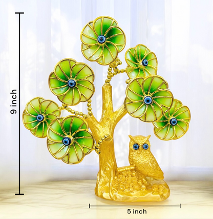 Golden Owl with Evil Eye Flower Tree for Table Decor