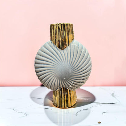 Modern Swirl Ceramic Vase with Gold Accent Base & Neck