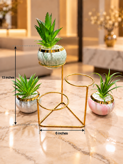 Artificial Succulent Plant Trio with Marble Finish Ceramic Pots & Gold Metal Stand