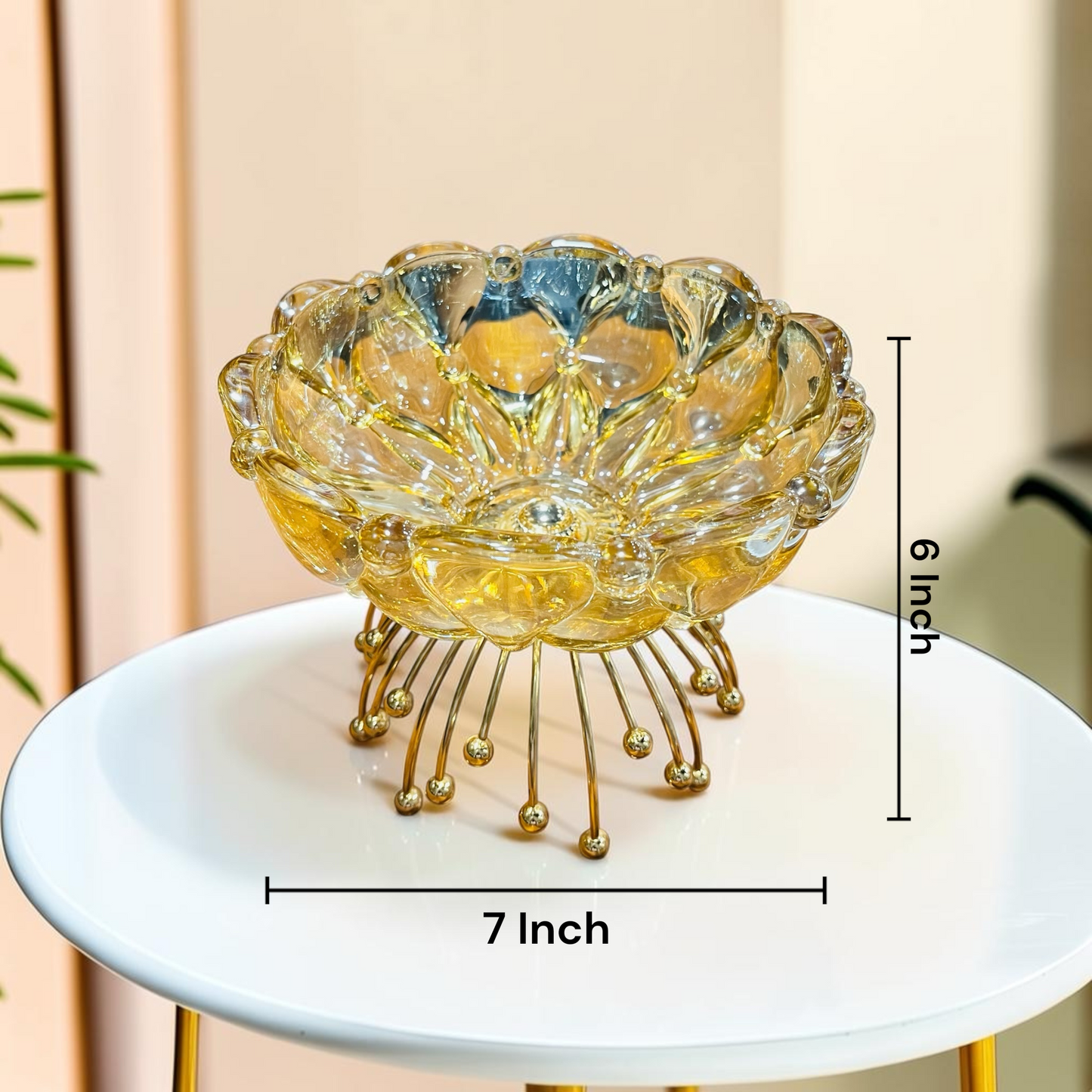 Luxury Amber Lotus Glass Fruit & Snack Bowl with Gold Metal Pedestal Stand – Decorative Tabletop Centerpiece