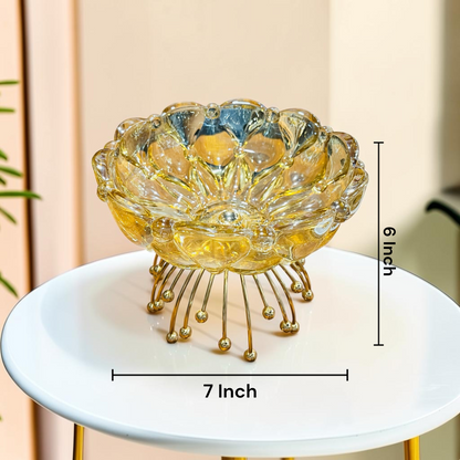 Luxury Amber Lotus Glass Fruit & Snack Bowl with Gold Metal Pedestal Stand – Decorative Tabletop Centerpiece