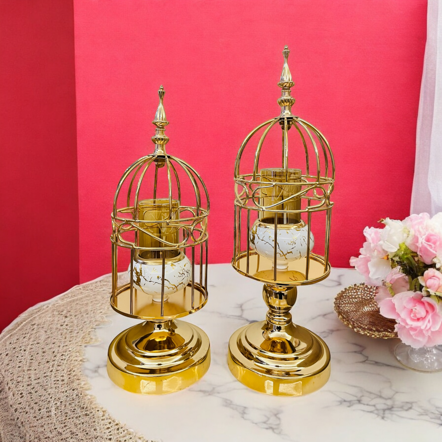 Luxurious Golden Cage Candle Stand with white marble finished holder inside- set of 2