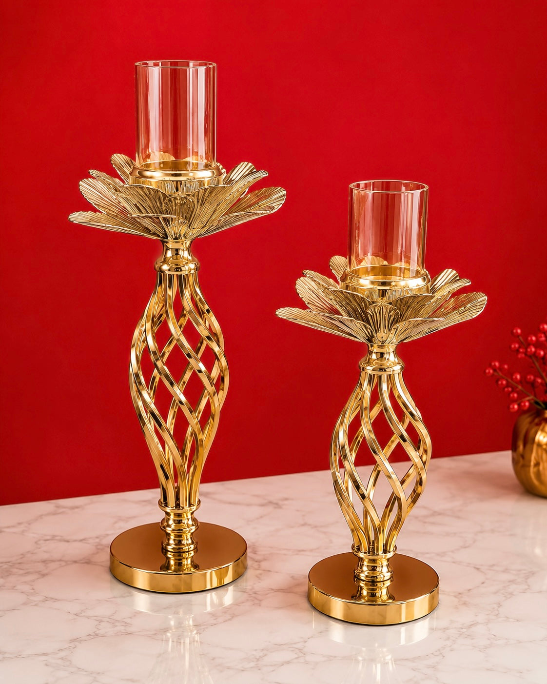 Luxury Gold Metal Candle Stand Set of 2 with Glass Holders | Decorative Flower Design | Modern Table & Home Décor (40 cm & 46 cm)