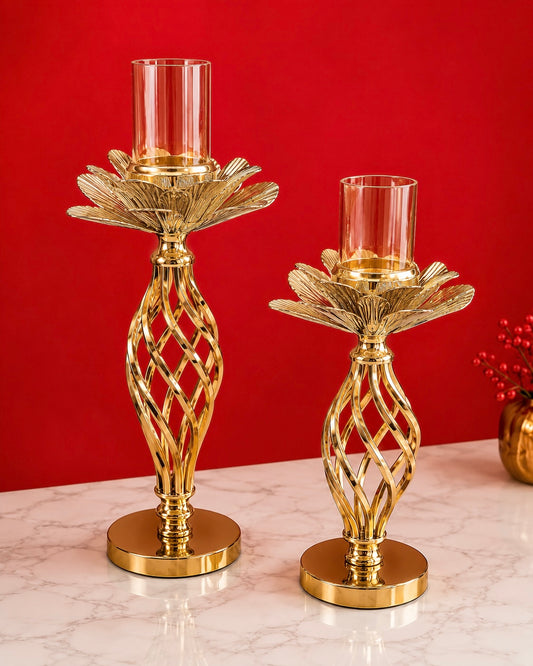 Luxury Gold Metal Candle Stand Set of 2 with Glass Holders | Decorative Flower Design | Modern Table & Home Décor (40 cm & 46 cm)