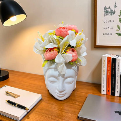 Artificial Flower Arrangement with Buddha Head Vase – White Lily & Pink Peony Decor