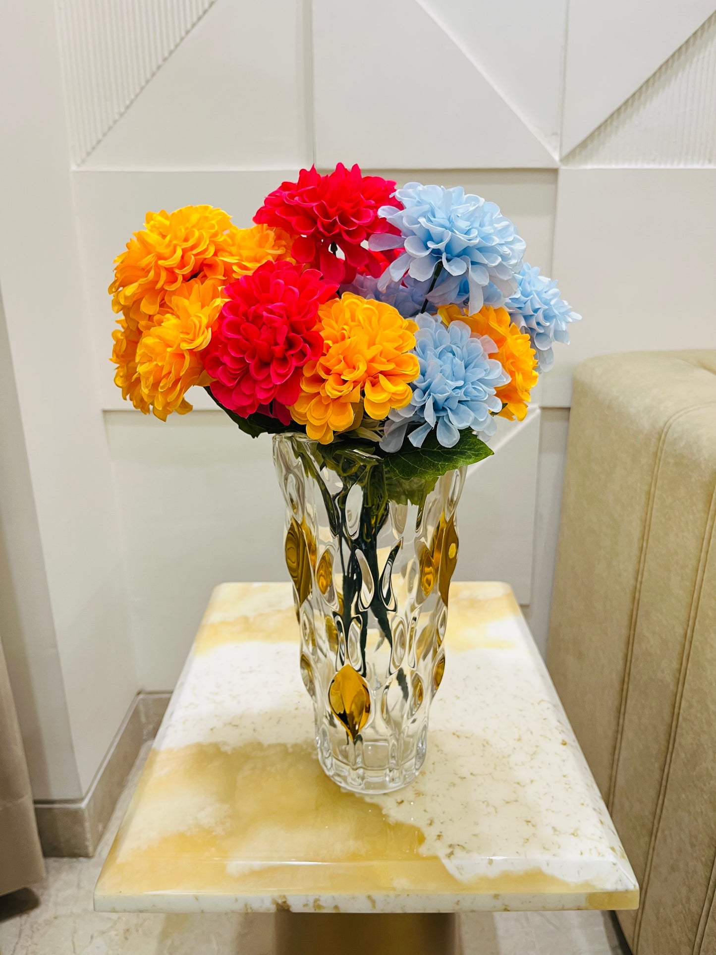 Artificial Ivory Dahalia Flower Bunch for Table Vases in mixed colors (Pack of 3 Stems)