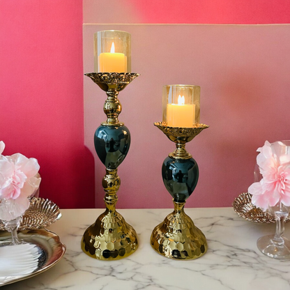 Chic Green and Gold Metal Candle Holders Set of 2 for Modern Home Decor