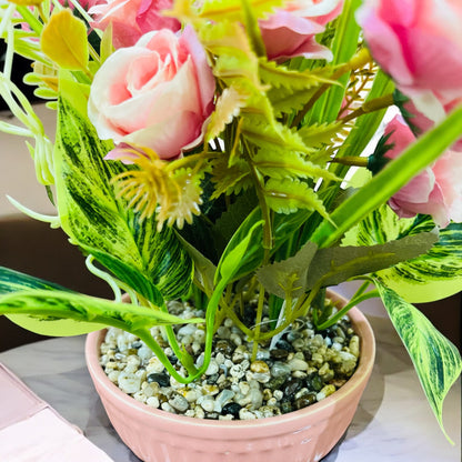 Artificial Rose Flower Plant with Ferns in Ceramic Pot with Pebbles