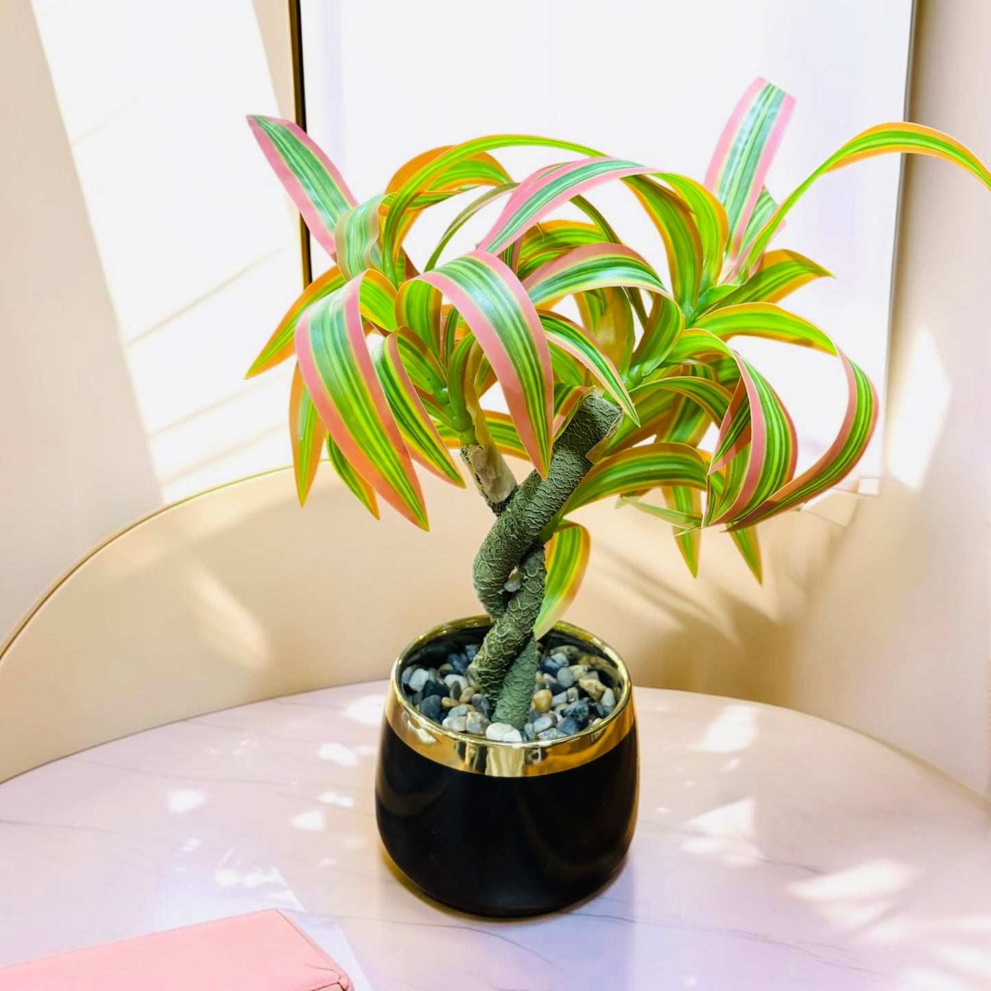 Premium Artificial Dracaena Plant with Black & Gold Ceramic Pot | Realistic Decorative Indoor Tabletop Plant for Home & Office Décor