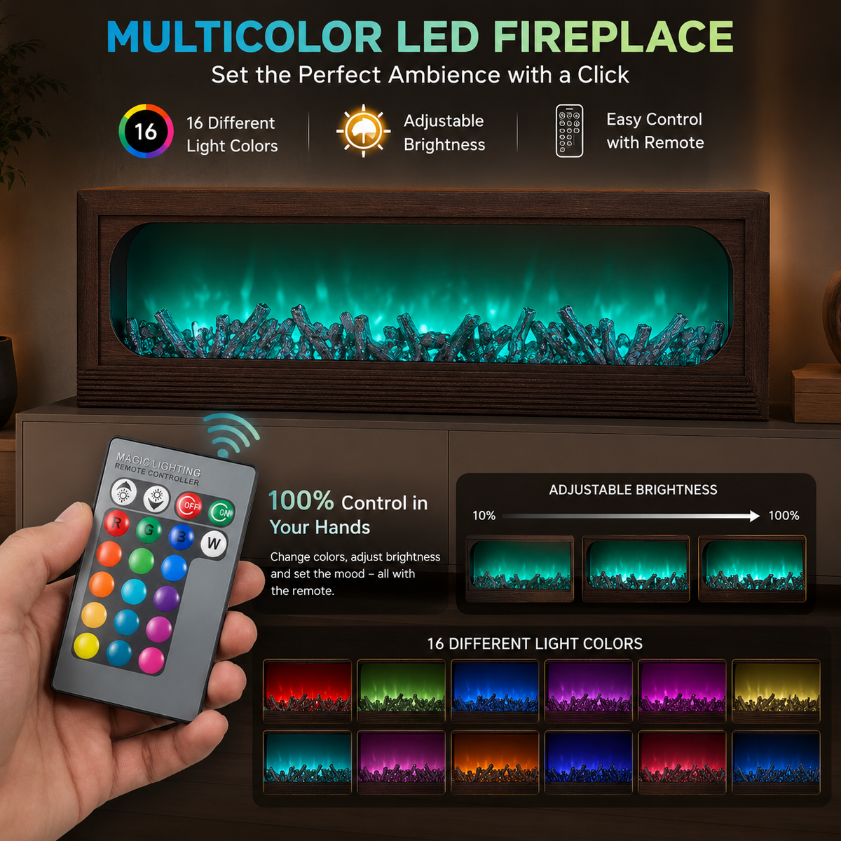 48 inches Multicolor LED Electric Fireplace with Remote Control – 16 Light Colors & Adjustable Brightness