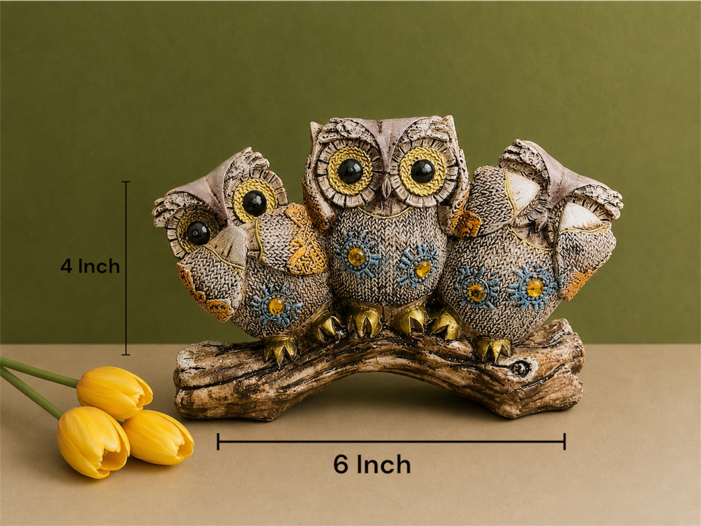 Three Wise Owls Perched on Log Statue 4 Inch Tabletop Decor for Home and Office