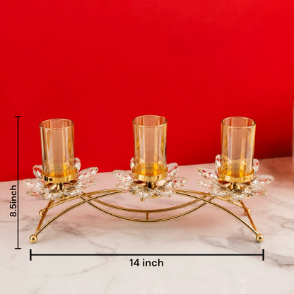 Luxury Gold Metal 3-Holder Crystal Lotus Candle Stand with Glass Votive Cups – Decorative Tealight & Pillar Candle Holder for Home, Dining Table, Living Room & Festive Décor (14 x 8.5 Inch)