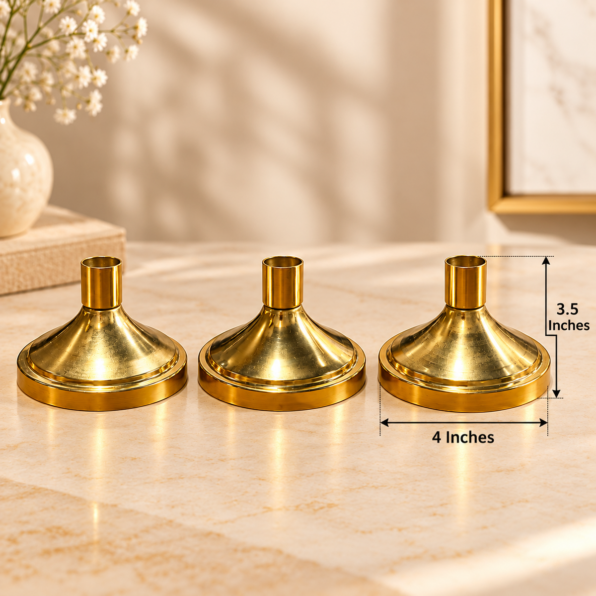Set of 3 Golden Brass Taper Candle Stands – Elegant Traditional Candle Holders