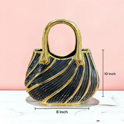 Modern Black & Gold Handbag Inspired Ceramic Vase 10 Inch