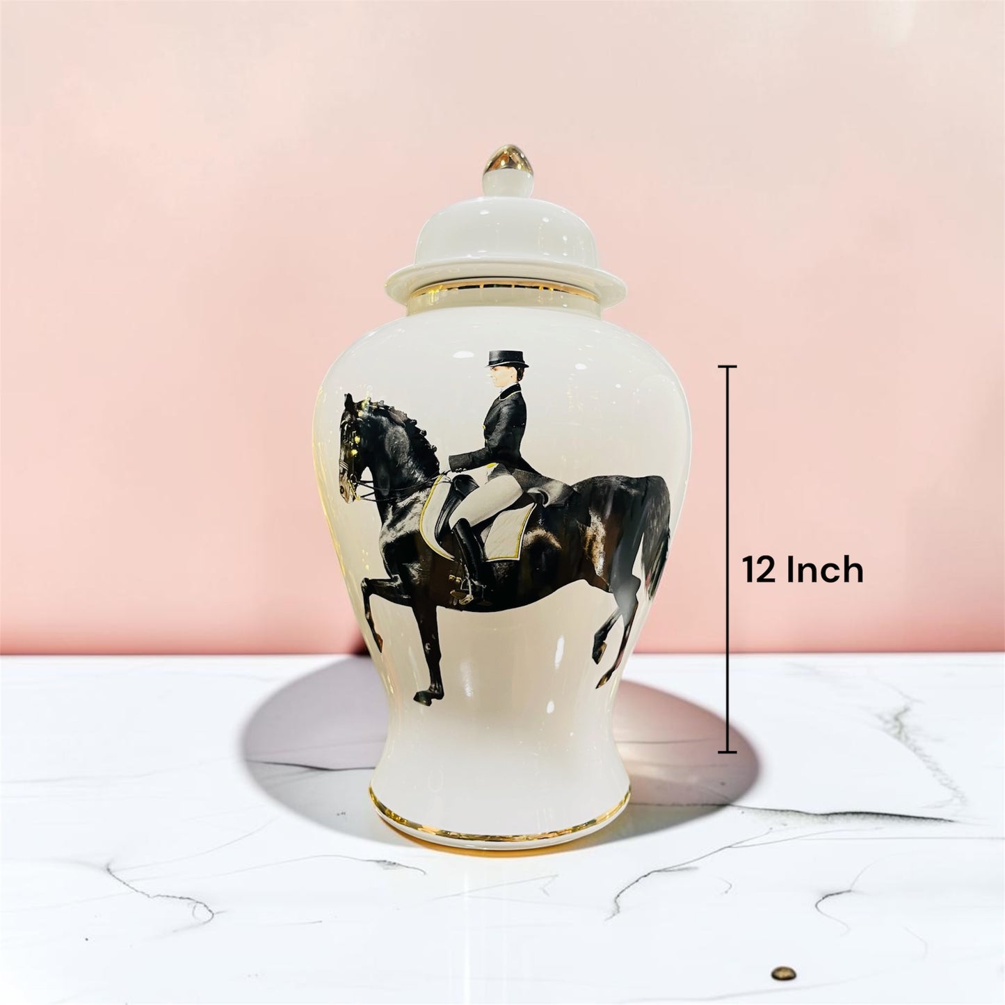 Classic Equestrian Rider White Ceramic Temple Vase/Jar