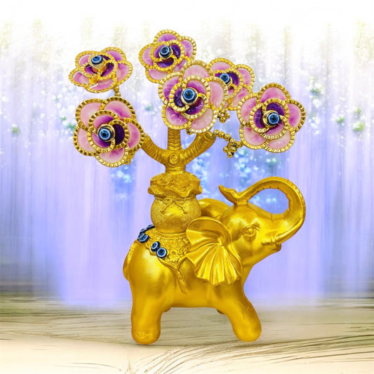 Golden Elephant with Evil Eye Flower Tree for Table Decor