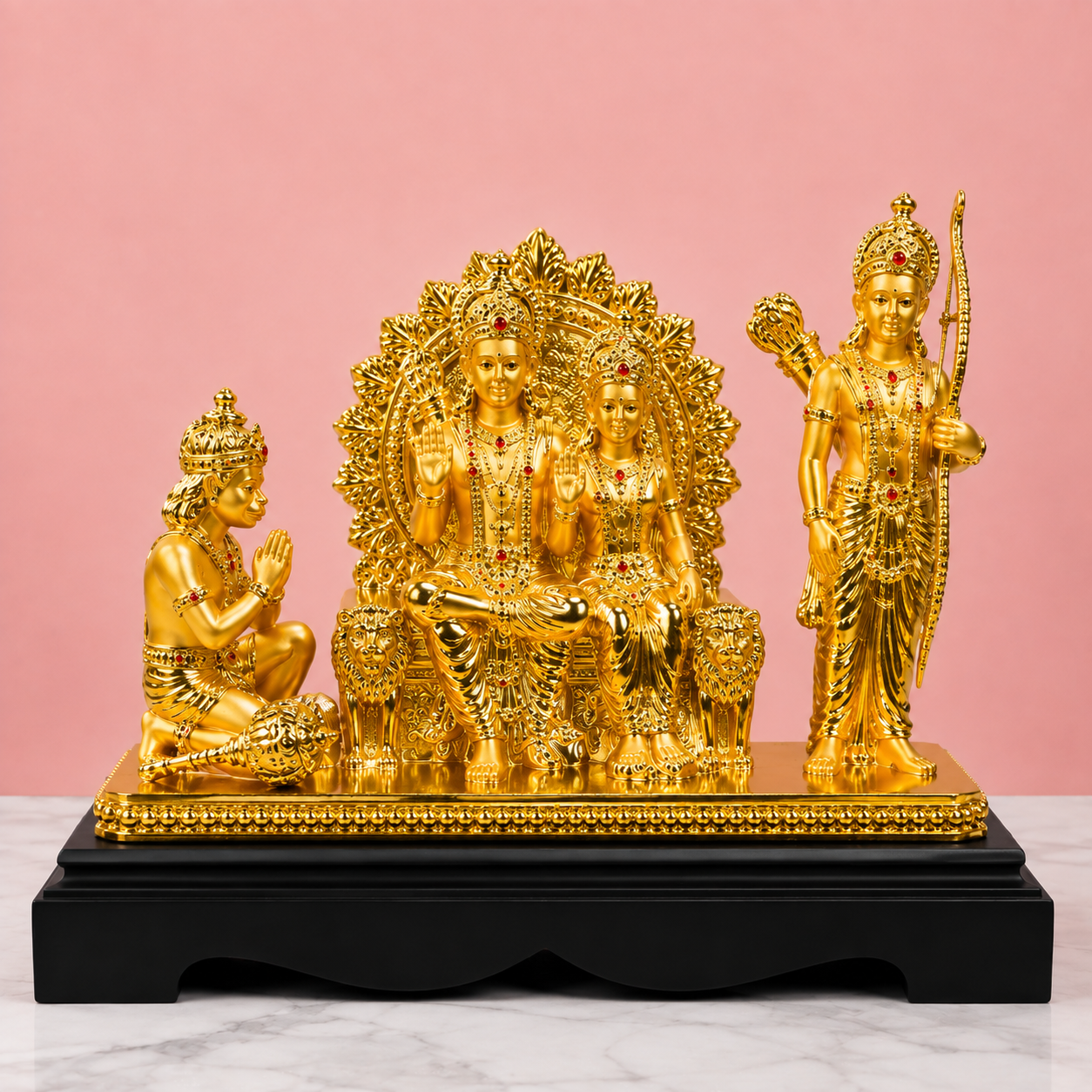 Premium Gold Finish Ram Darbar Showpiece with Wooden Base | Lord Ram, Sita, Lakshman & Hanuman Idol for Home Temple & Living Room (13 x 10 Inch)