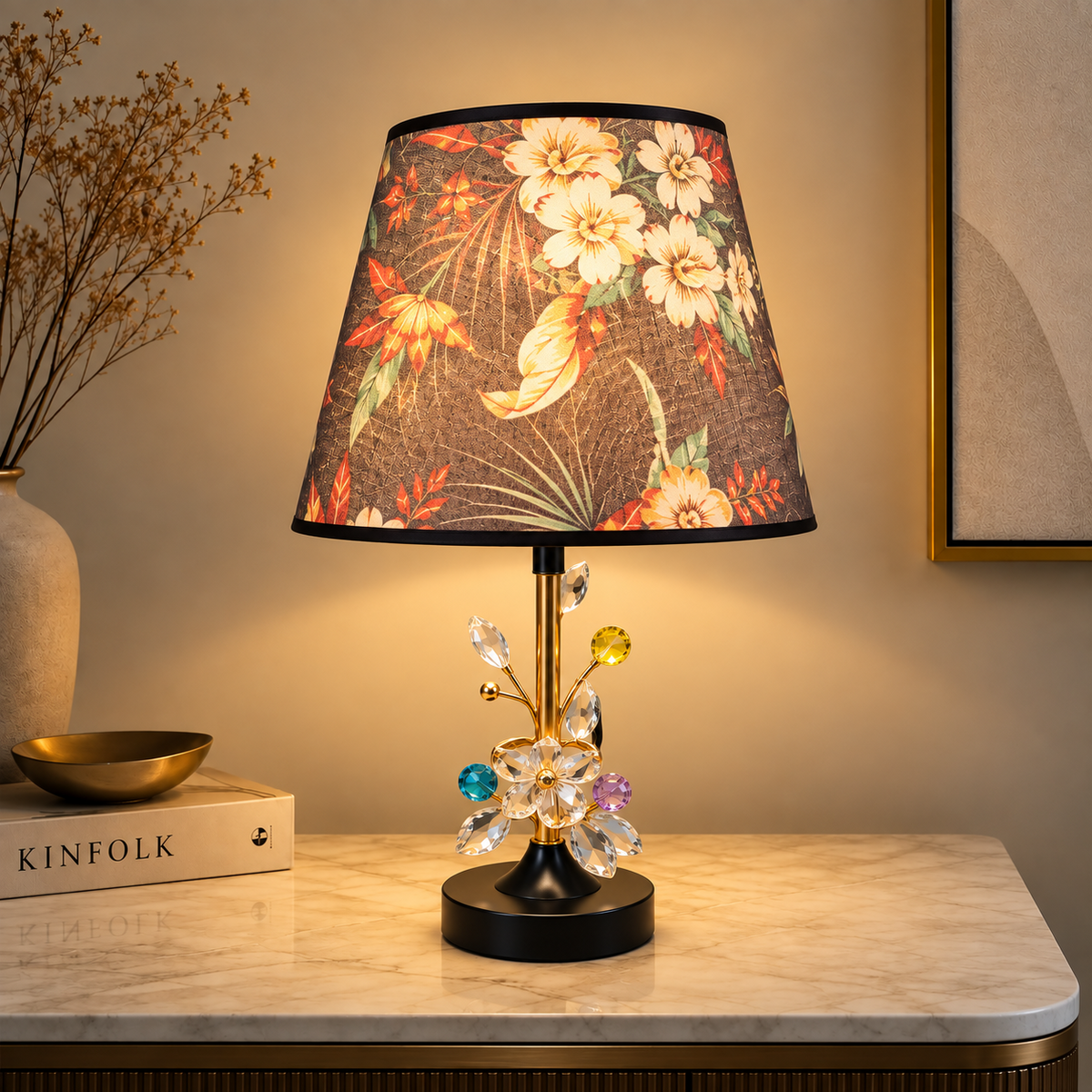 Luxury Floral Shade Table Lamp with Crystal Flower Accent – 18 Inch