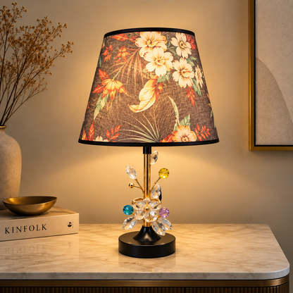 Luxury Floral Shade Table Lamp with Crystal Flower Accent – 18 Inch