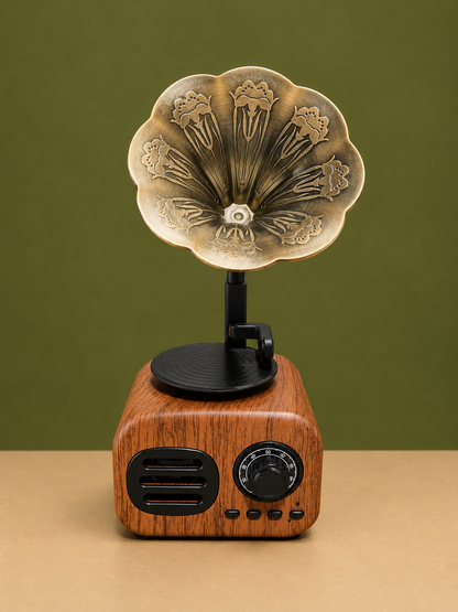 Vintage Gramophone Style Wireless Bluetooth 5.0 Speaker with FM/AM Radio, TF Card Slot & AUX Input – Antique Wooden Audio Accent