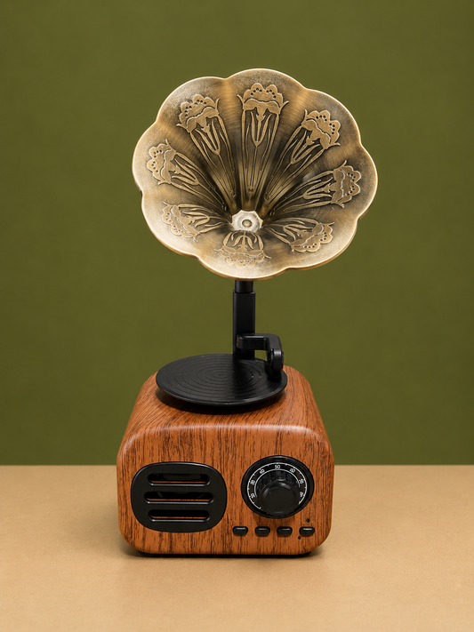Vintage Gramophone Style Wireless Bluetooth 5.0 Speaker with FM/AM Radio, TF Card Slot & AUX Input – Antique Wooden Audio Accent