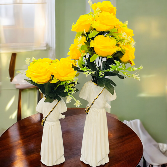 Stylish Couple Flower Vase Set of 2 in White Dresses with Chic Golden Bags