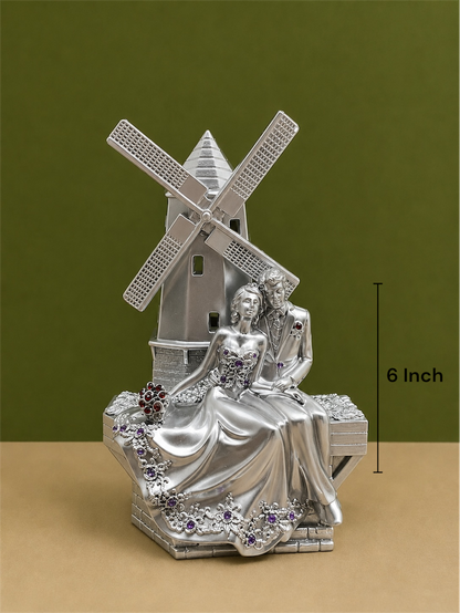Romantic Silver Windmill Couple Statue with Crystal Accents 6 Inch Resin Decor for Home and Gifting