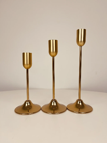 Set of 3 Golden Brass Taper Candle Stands – Elegant Tall Candle Holders for Home Decor