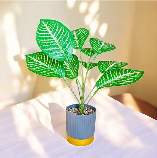 Artificial Tropical Leaf Plant in Minimalistic Fibre Pot with Pebbles for Home Decor