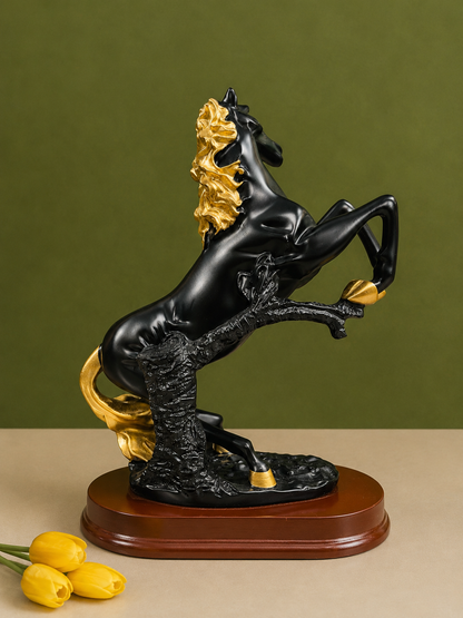 Majestic Rearing Black and Gold Horse Resin Statue for Home and Office Decor