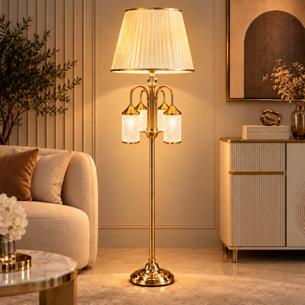 Luxury Golden 3-Light Floor Lamp with Pleated Shade – 68 Inches