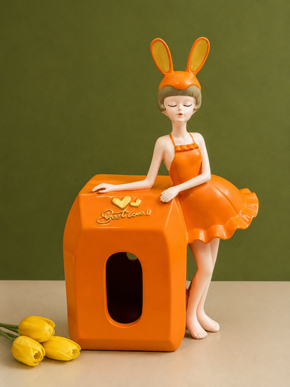 Whimsical Bunny Girl Resin Tissue Box Holder 12 Inch Decorative Accent for Home and Office Decor