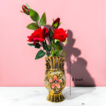 Resin Ornate Glitter Gold Vase with Artificial Rose Stem 8 Inch
