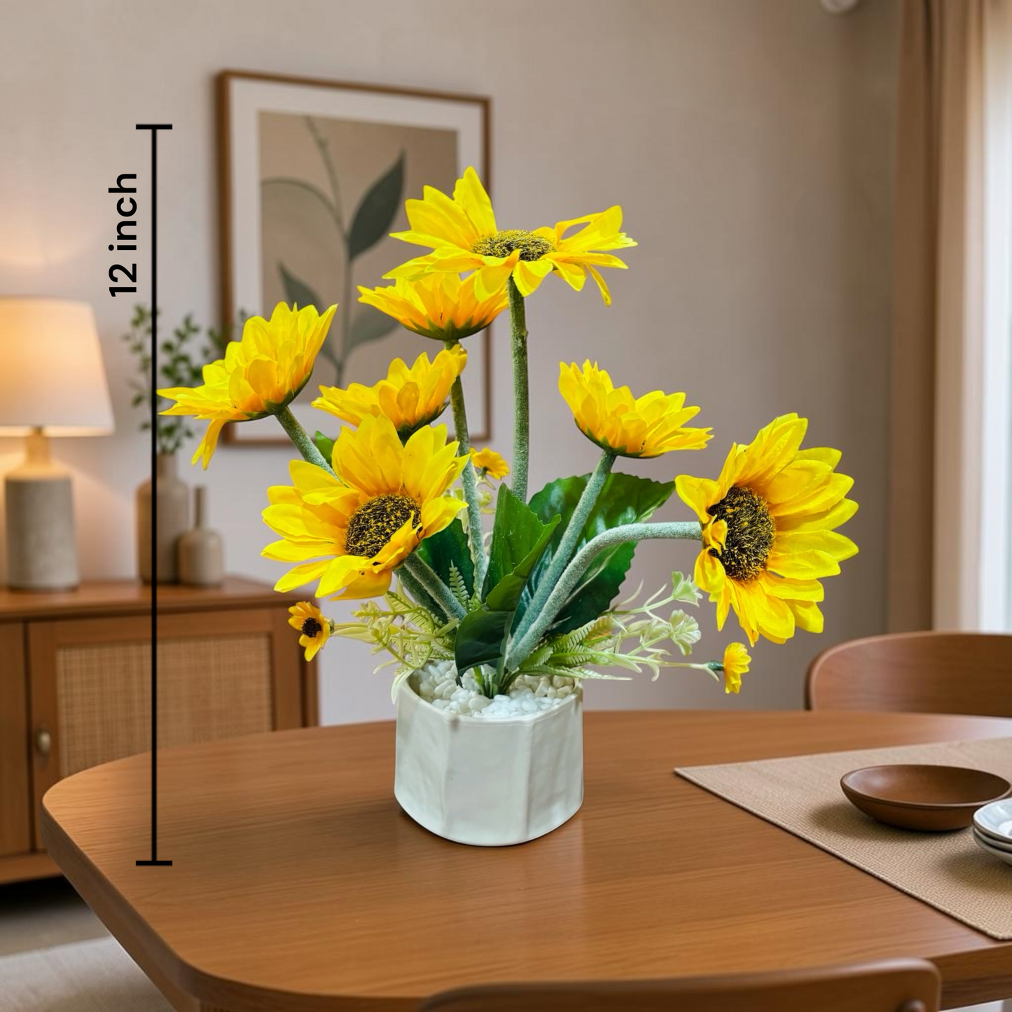 Artificial Sunflower Plant in White Ceramic Pot – Realistic Faux Floral Arrangement for Home & Office Desk Decor